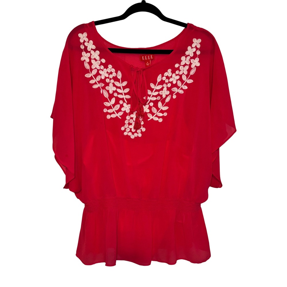 ELLE Pink Embroidered Floral Peplum Blouse Butterfly Sleeve Tassel Tie XL
